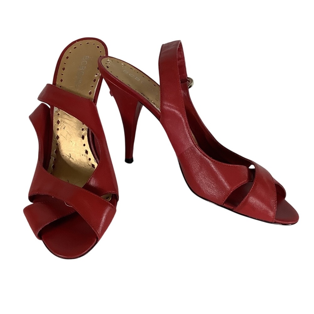 BCBGIRLS Red Leather‎ Slingback Peep Toe Stiletto Heels Pumps Size 7.5